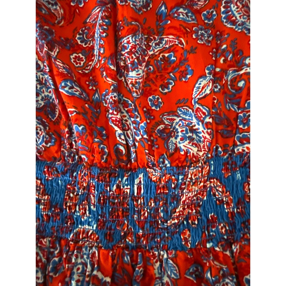 Japna Womens Red Blue Paisley Floral Rayon Maxi Dress V-Neck Smocked Waist L - Picture 9 of 11